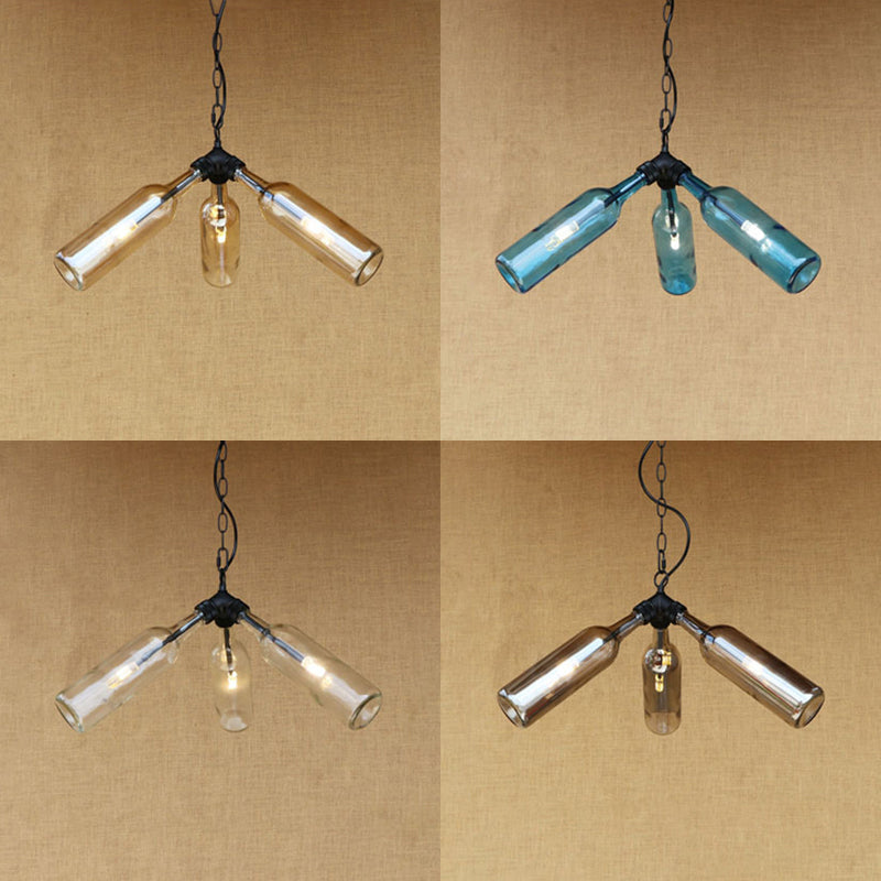 3 Bulbs Bottle Chandelier Lamp Rustic Stylish Blue/Clear Glass Pendant Light Fixture with Chain for Restaurant Clearhalo 'Ceiling Lights' 'Chandeliers' 'Clear' 'Close To Ceiling Lights' 'Glass shade' 'Glass' 'Industrial Chandeliers' 'Industrial' 'Middle Century Chandeliers' 'Modern' 'Tiffany' 'Traditional Chandeliers' Lighting' 21829