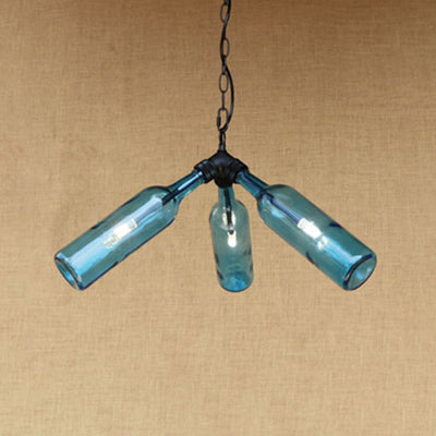 3 Bulbs Bottle Chandelier Lamp Rustic Stylish Blue/Clear Glass Pendant Light Fixture with Chain for Restaurant Blue Clearhalo 'Ceiling Lights' 'Chandeliers' 'Clear' 'Close To Ceiling Lights' 'Glass shade' 'Glass' 'Industrial Chandeliers' 'Industrial' 'Middle Century Chandeliers' 'Modern' 'Tiffany' 'Traditional Chandeliers' Lighting' 21833