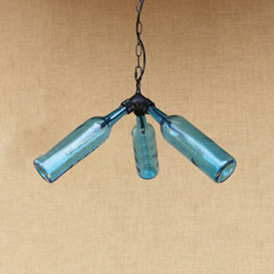 3 Bulbs Bottle Chandelier Lamp Rustic Stylish Blue/Clear Glass Pendant Light Fixture with Chain for Restaurant Clearhalo 'Ceiling Lights' 'Chandeliers' 'Clear' 'Close To Ceiling Lights' 'Glass shade' 'Glass' 'Industrial Chandeliers' 'Industrial' 'Middle Century Chandeliers' 'Modern' 'Tiffany' 'Traditional Chandeliers' Lighting' 21834