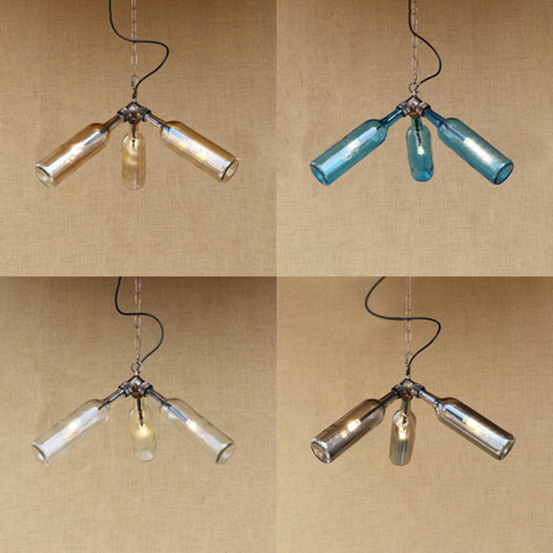 3 Bulbs Glass Hanging Lighting Industrial Stylish Blue/Clear Wine Bottle Restaurant Chandelier Pendant Lamp Clearhalo 'Ceiling Lights' 'Chandeliers' 'Close To Ceiling Lights' 'Close to ceiling' 'Glass shade' 'Glass' Lighting' 21840