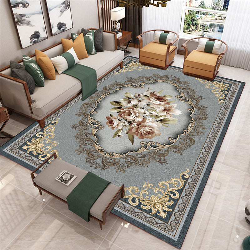 Peony Patterned Rug Multi-Colored Rug Stain Resistant Non-Slip Backing Machine Washable Rug for Sitting Room Gray-Green Clearhalo 'Area Rug' 'Rugs' 'Shabby Chic' Rug' 2184086