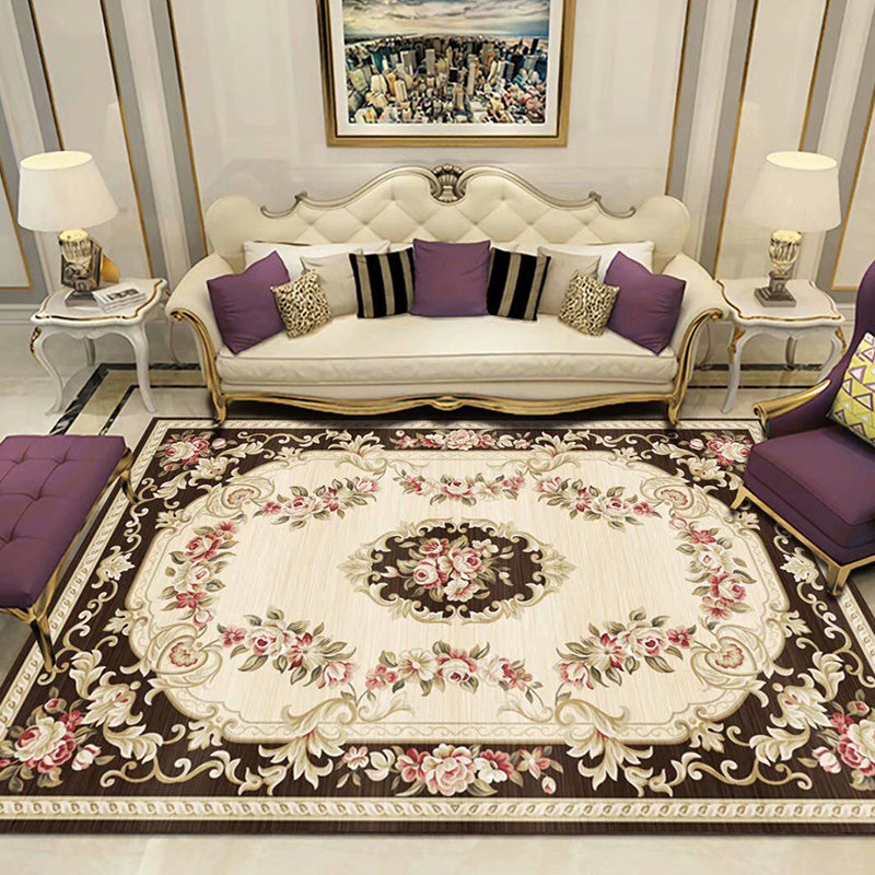 Peony Patterned Rug Multi-Colored Rug Stain Resistant Non-Slip Backing Machine Washable Rug for Sitting Room Dark Brown Clearhalo 'Area Rug' 'Rugs' 'Shabby Chic' Rug' 2184094