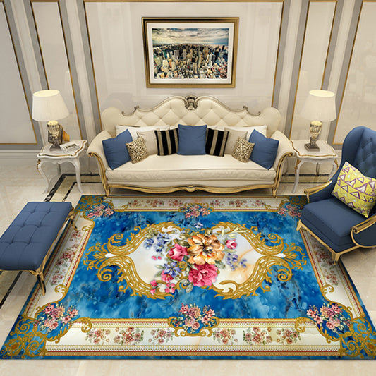 Elegant Multi-Color Floral Rug Polyester Traditional Rug Non-Slip Backing Pet Friendly Washable Rug for Home Decoration Ocean Blue Clearhalo 'Area Rug' 'Rugs' 'Shabby Chic' Rug' 2184136