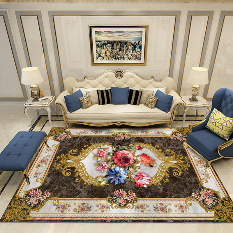 Elegant Multi-Color Floral Rug Polyester Traditional Rug Non-Slip Backing Pet Friendly Washable Rug for Home Decoration Brown Clearhalo 'Area Rug' 'Rugs' 'Shabby Chic' Rug' 2184139