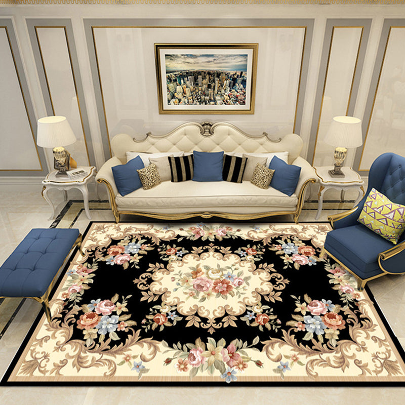 Elegant Multi-Color Floral Rug Polyester Traditional Rug Non-Slip Backing Pet Friendly Washable Rug for Home Decoration Black-Blue Clearhalo 'Area Rug' 'Rugs' 'Shabby Chic' Rug' 2184147