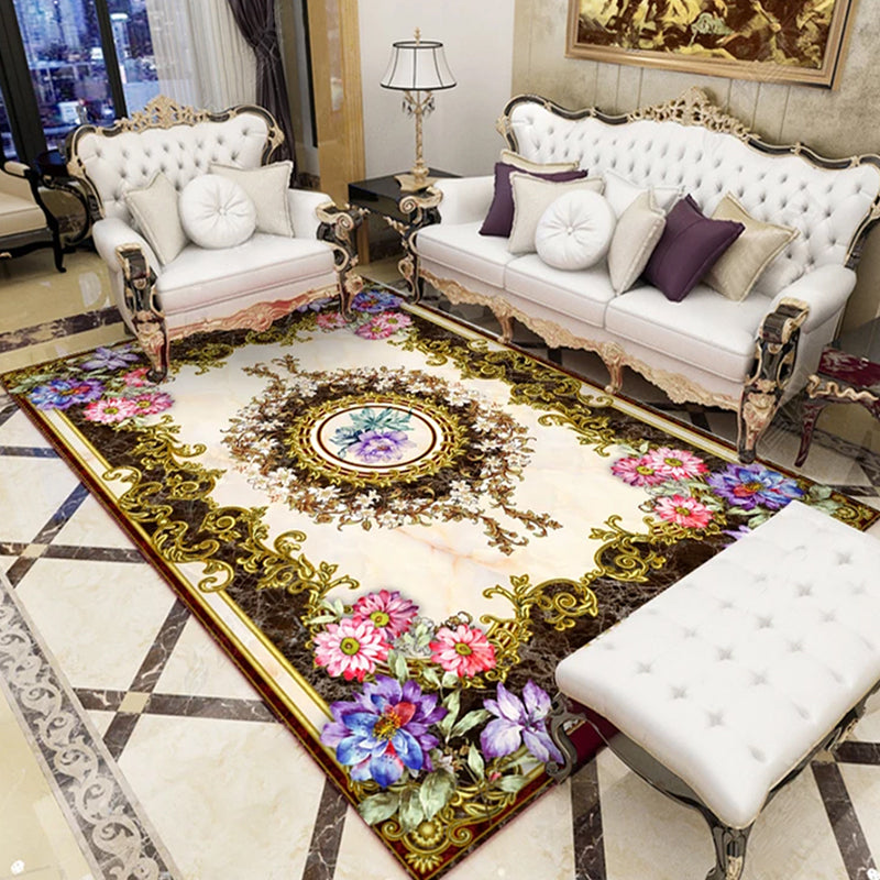 Beautiful Peony Print Rug Multi Color Classical Rug Polypropylene Non-Slip Machine Washable Stain Resistant Rug for Room White-Brown Clearhalo 'Area Rug' 'Rugs' 'Shabby Chic' Rug' 2184192