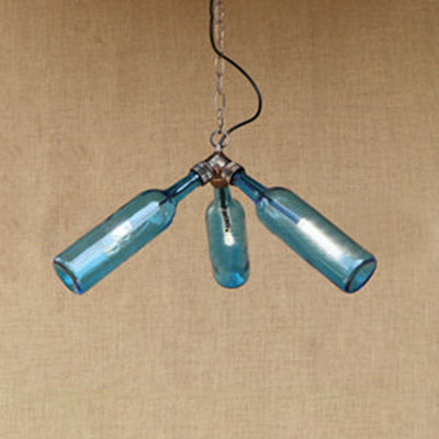 3 Bulbs Glass Hanging Lighting Industrial Stylish Blue/Clear Wine Bottle Restaurant Chandelier Pendant Lamp Blue Clearhalo 'Ceiling Lights' 'Chandeliers' 'Close To Ceiling Lights' 'Close to ceiling' 'Glass shade' 'Glass' Lighting' 21843
