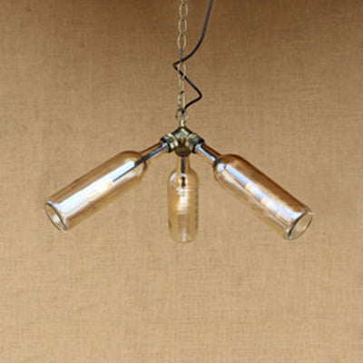 Industrial Style Bottle Chandelier Lighting 3 Lights Glass Hanging Ceiling Light with Pipe Design in Black/Clear Amber Clearhalo 'Ceiling Lights' 'Chandeliers' 'Clear' 'Glass shade' 'Glass' 'Industrial Chandeliers' 'Industrial' 'Middle Century Chandeliers' 'Modern' 'Tiffany' 'Traditional Chandeliers' Lighting' 21851