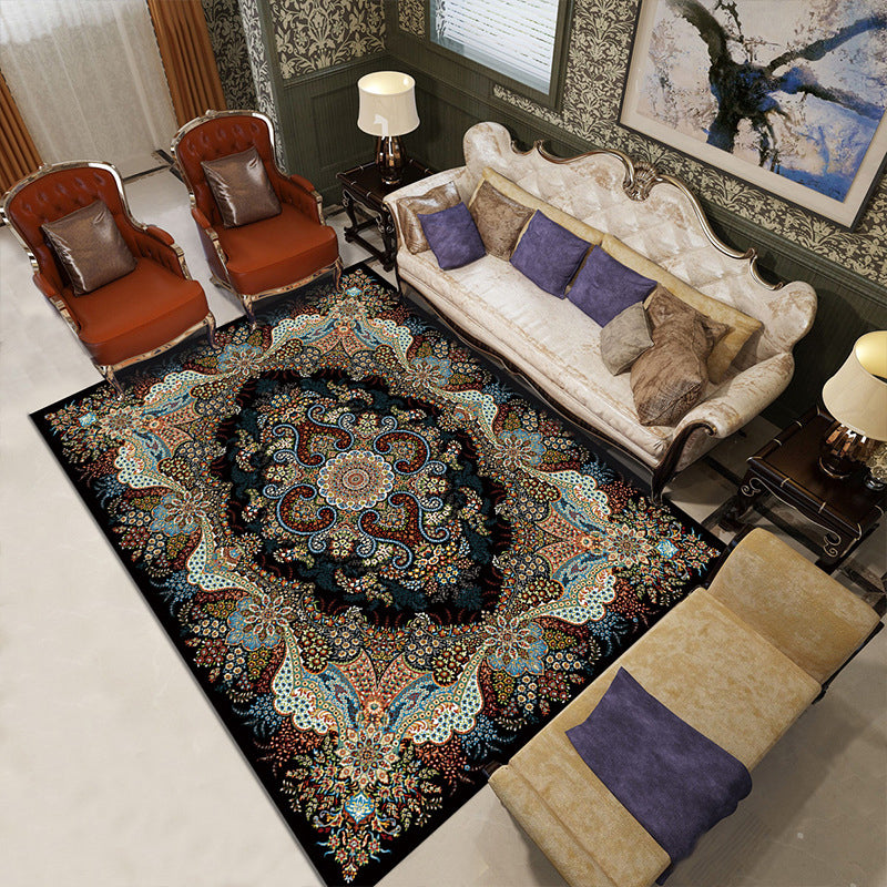 Turkish Jacquard Print Rug Multi Color Polyester Area Carpet Machine Washable Pet Friendly Anti-Slip Backing Rug for Home Decor Black Clearhalo 'Area Rug' 'Moroccan' 'Rugs' Rug' 2185628