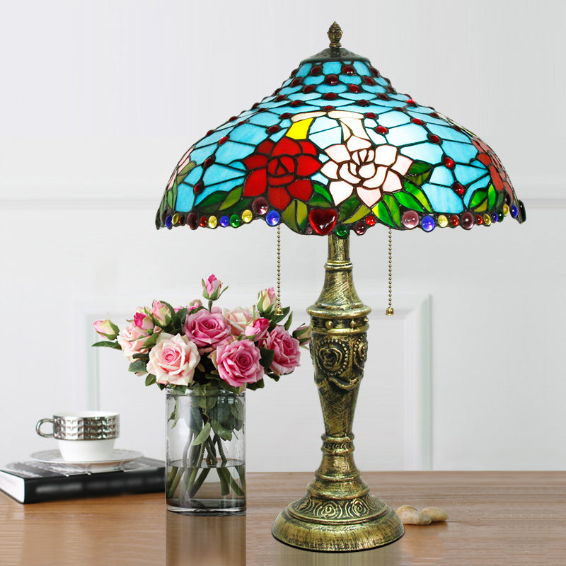 Stained Glass Blue Table Lighting Rose Pattern 3 Heads Tiffany Nightstand Lamp with Pull Chain Clearhalo 'Lamps' 'Table Lamps' Lighting' 2186354