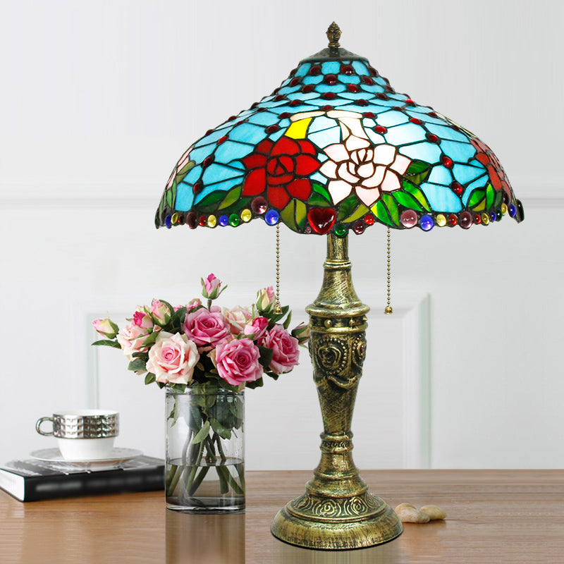 Stained Glass Blue Table Lighting Rose Pattern 3 Heads Tiffany Nightstand Lamp with Pull Chain Clearhalo 'Lamps' 'Table Lamps' Lighting' 2186354