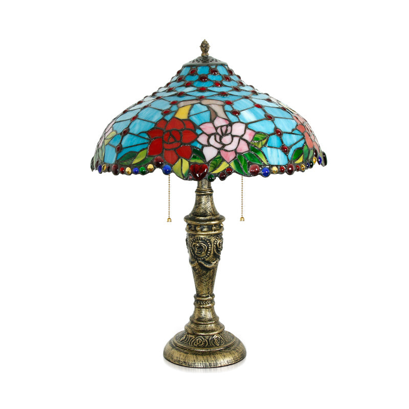 Stained Glass Blue Table Lighting Rose Pattern 3 Heads Tiffany Nightstand Lamp with Pull Chain Clearhalo 'Lamps' 'Table Lamps' Lighting' 2186356