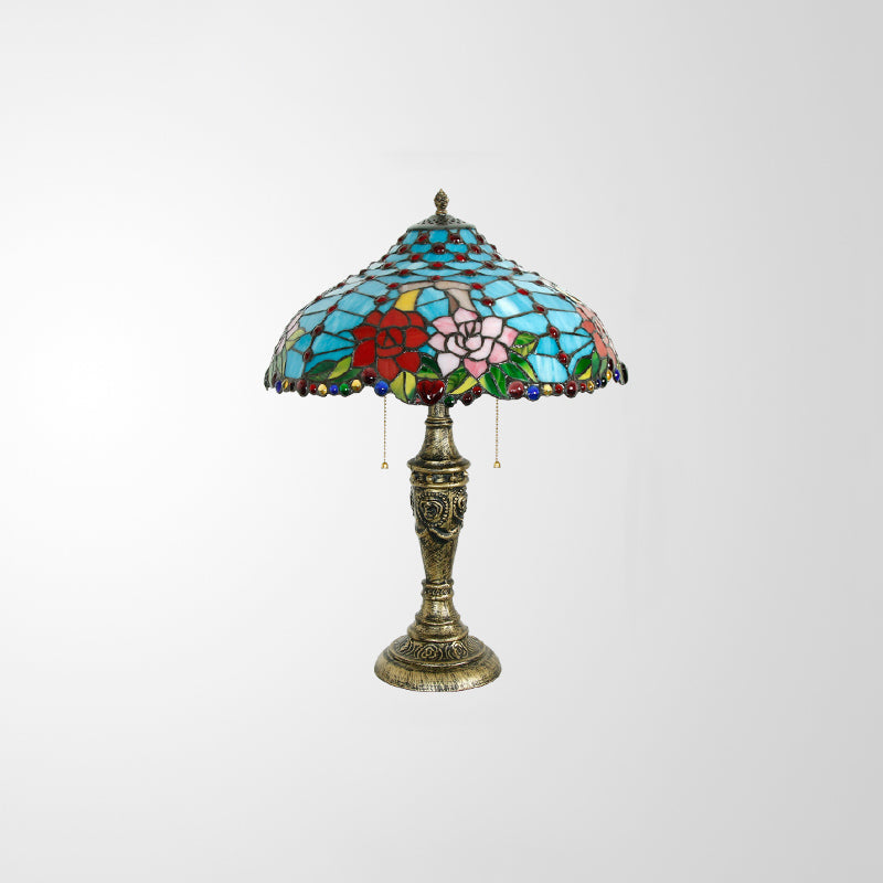 Stained Glass Blue Table Lighting Rose Pattern 3 Heads Tiffany Nightstand Lamp with Pull Chain Clearhalo 'Lamps' 'Table Lamps' Lighting' 2186357