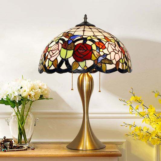 Dome Nightstand Lamp Traditional Stained Glass 3 Heads Brass Pull Chain Table Light with Floral and Bird Pattern Brass A Clearhalo 'Lamps' 'Table Lamps' Lighting' 2186358