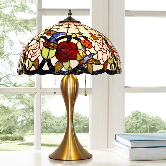 Dome Nightstand Lamp Traditional Stained Glass 3 Heads Brass Pull Chain Table Light with Floral and Bird Pattern Clearhalo 'Lamps' 'Table Lamps' Lighting' 2186359