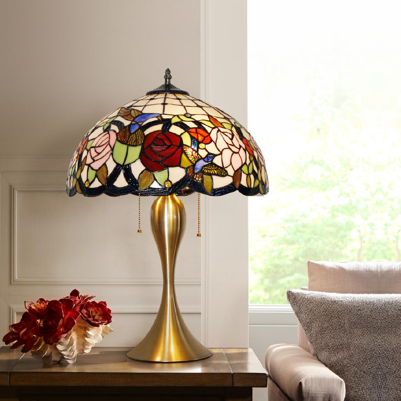 Dome Nightstand Lamp Traditional Stained Glass 3 Heads Brass Pull Chain Table Light with Floral and Bird Pattern Clearhalo 'Lamps' 'Table Lamps' Lighting' 2186360