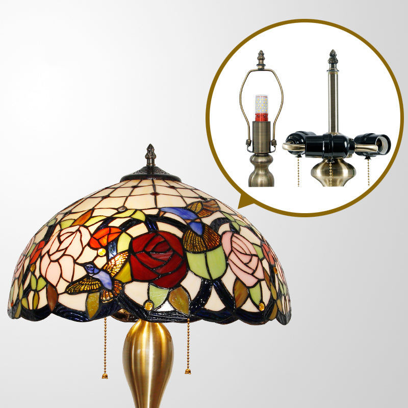 Dome Nightstand Lamp Traditional Stained Glass 3 Heads Brass Pull Chain Table Light with Floral and Bird Pattern Clearhalo 'Lamps' 'Table Lamps' Lighting' 2186361