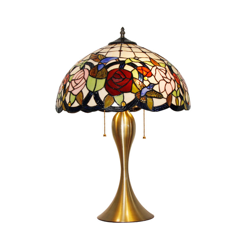 Dome Nightstand Lamp Traditional Stained Glass 3 Heads Brass Pull Chain Table Light with Floral and Bird Pattern Clearhalo 'Lamps' 'Table Lamps' Lighting' 2186362