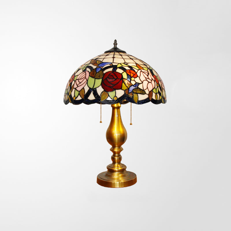 Dome Nightstand Lamp Traditional Stained Glass 3 Heads Brass Pull Chain Table Light with Floral and Bird Pattern Brass B Clearhalo 'Lamps' 'Table Lamps' Lighting' 2186363
