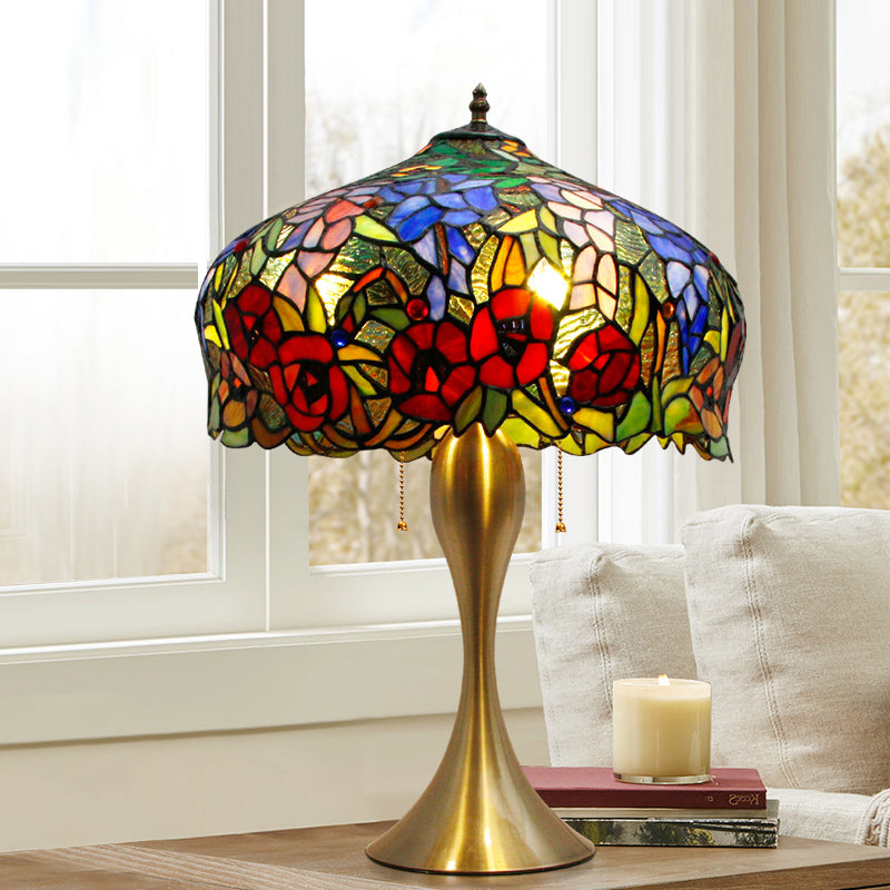 Flower Pattern Stained Glass Table Lighting Classic 3 Bulbs Gold Nightstand Lamp with Pull Chain Gold A Clearhalo 'Lamps' 'Table Lamps' Lighting' 2186364