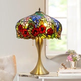 Flower Pattern Stained Glass Table Lighting Classic 3 Bulbs Gold Nightstand Lamp with Pull Chain Clearhalo 'Lamps' 'Table Lamps' Lighting' 2186365