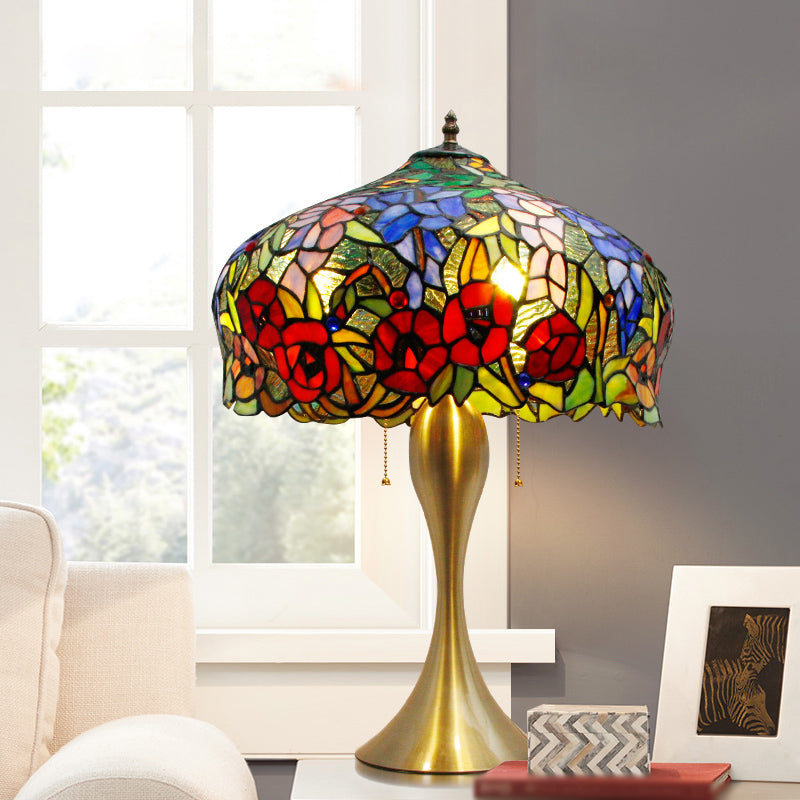 Flower Pattern Stained Glass Table Lighting Classic 3 Bulbs Gold Nightstand Lamp with Pull Chain Clearhalo 'Lamps' 'Table Lamps' Lighting' 2186366