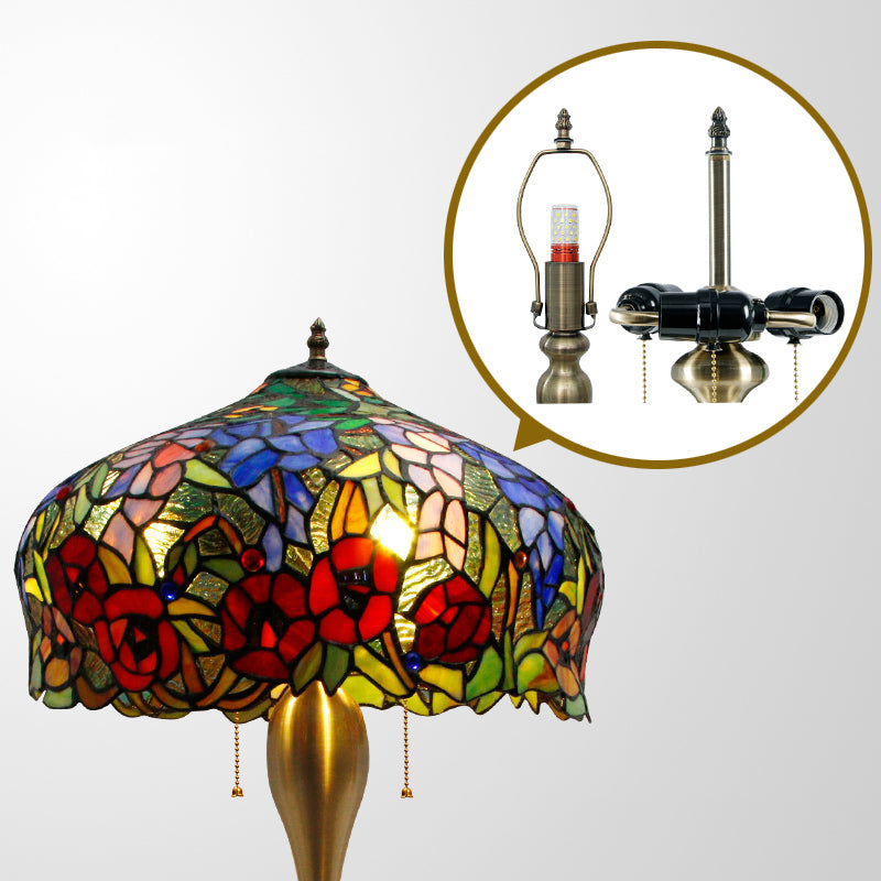 Flower Pattern Stained Glass Table Lighting Classic 3 Bulbs Gold Nightstand Lamp with Pull Chain Clearhalo 'Lamps' 'Table Lamps' Lighting' 2186367
