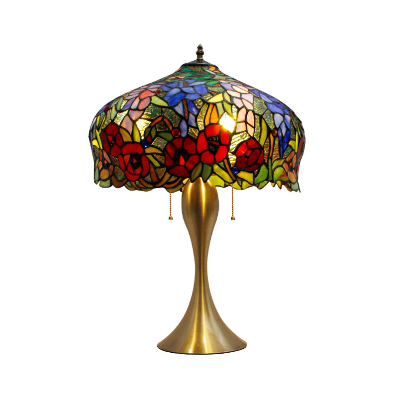 Flower Pattern Stained Glass Table Lighting Classic 3 Bulbs Gold Nightstand Lamp with Pull Chain Clearhalo 'Lamps' 'Table Lamps' Lighting' 2186368