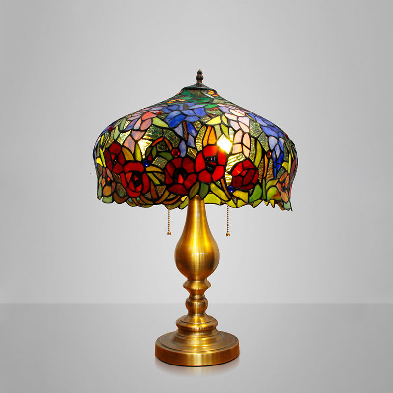 Flower Pattern Stained Glass Table Lighting Classic 3 Bulbs Gold Nightstand Lamp with Pull Chain Gold B Clearhalo 'Lamps' 'Table Lamps' Lighting' 2186369