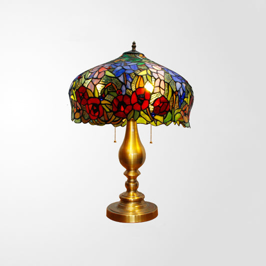 Flower Pattern Stained Glass Table Lighting Classic 3 Bulbs Gold Nightstand Lamp with Pull Chain Clearhalo 'Lamps' 'Table Lamps' Lighting' 2186370