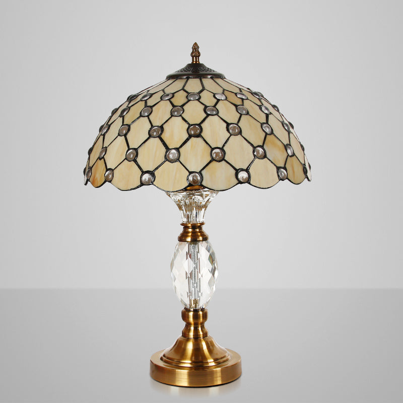 Bowl Handcrafted Glass Table Light Tiffany 1-Light Beige Nightstand Lighting with Trellis Pattern Clearhalo 'Lamps' 'Table Lamps' Lighting' 2186373