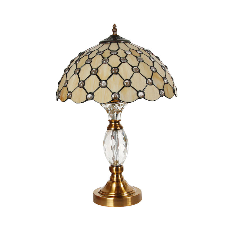 Bowl Handcrafted Glass Table Light Tiffany 1-Light Beige Nightstand Lighting with Trellis Pattern Clearhalo 'Lamps' 'Table Lamps' Lighting' 2186375