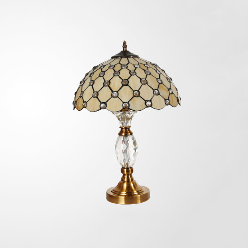 Bowl Handcrafted Glass Table Light Tiffany 1-Light Beige Nightstand Lighting with Trellis Pattern Clearhalo 'Lamps' 'Table Lamps' Lighting' 2186376