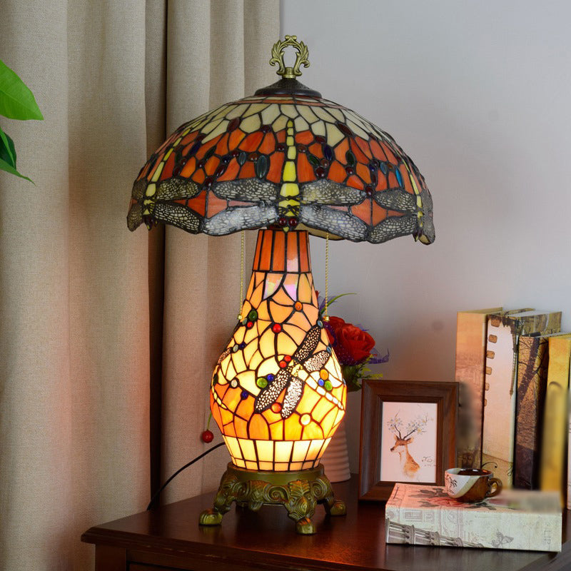 3 Bulbs Mushroom Shaped Nightstand Lamp Vintage Orange Stained Glass Table Light with Dragonfly Pattern Orange Clearhalo 'Lamps' 'Table Lamps' Lighting' 2186377