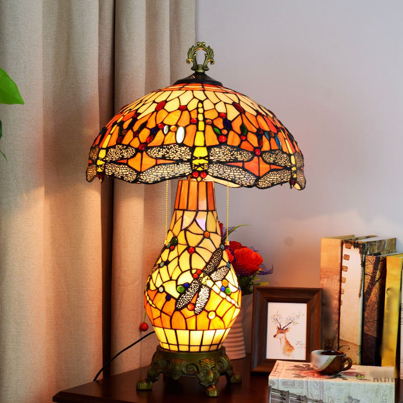 3 Bulbs Mushroom Shaped Nightstand Lamp Vintage Orange Stained Glass Table Light with Dragonfly Pattern Clearhalo 'Lamps' 'Table Lamps' Lighting' 2186378