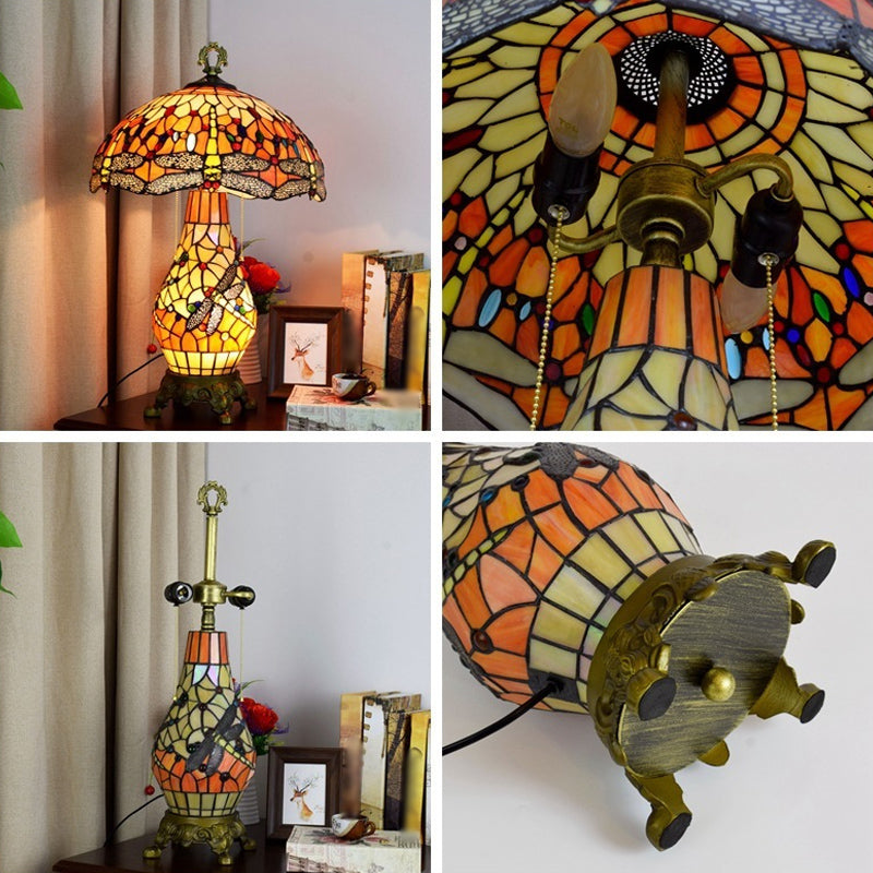 3 Bulbs Mushroom Shaped Nightstand Lamp Vintage Orange Stained Glass Table Light with Dragonfly Pattern Clearhalo 'Lamps' 'Table Lamps' Lighting' 2186379
