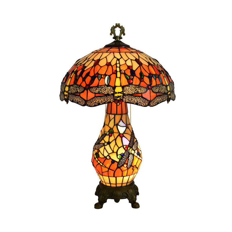 3 Bulbs Mushroom Shaped Nightstand Lamp Vintage Orange Stained Glass Table Light with Dragonfly Pattern Clearhalo 'Lamps' 'Table Lamps' Lighting' 2186380
