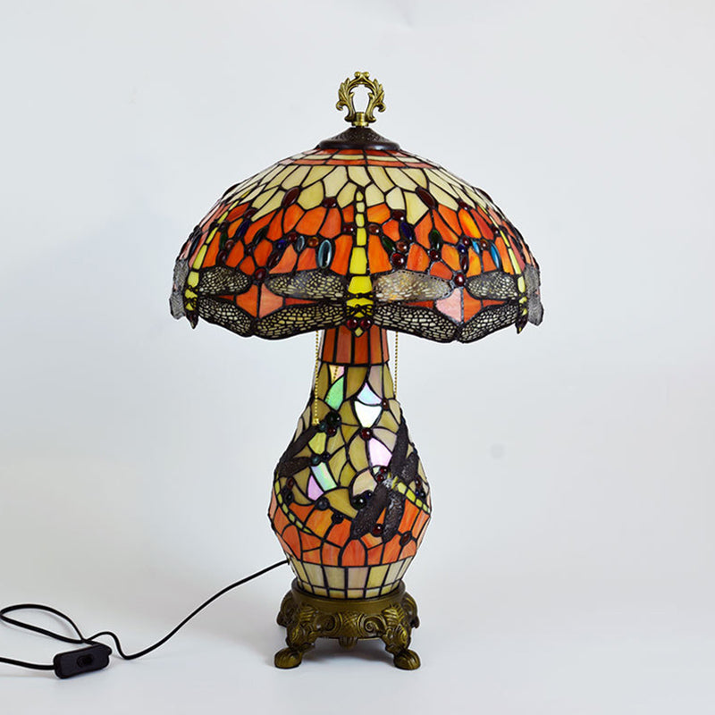 3 Bulbs Mushroom Shaped Nightstand Lamp Vintage Orange Stained Glass Table Light with Dragonfly Pattern Clearhalo 'Lamps' 'Table Lamps' Lighting' 2186381