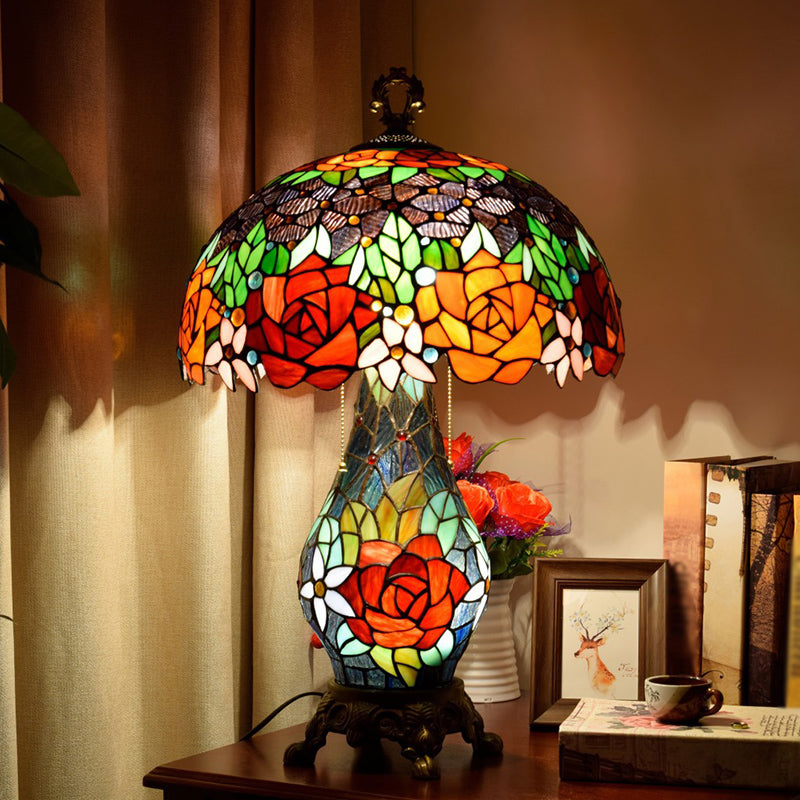 Green 3 Heads Table Lighting Tiffany Stained Art Glass Rose Pattern Nightstand Lamp with Mushroom Shade Green Clearhalo 'Lamps' 'Table Lamps' Lighting' 2186382