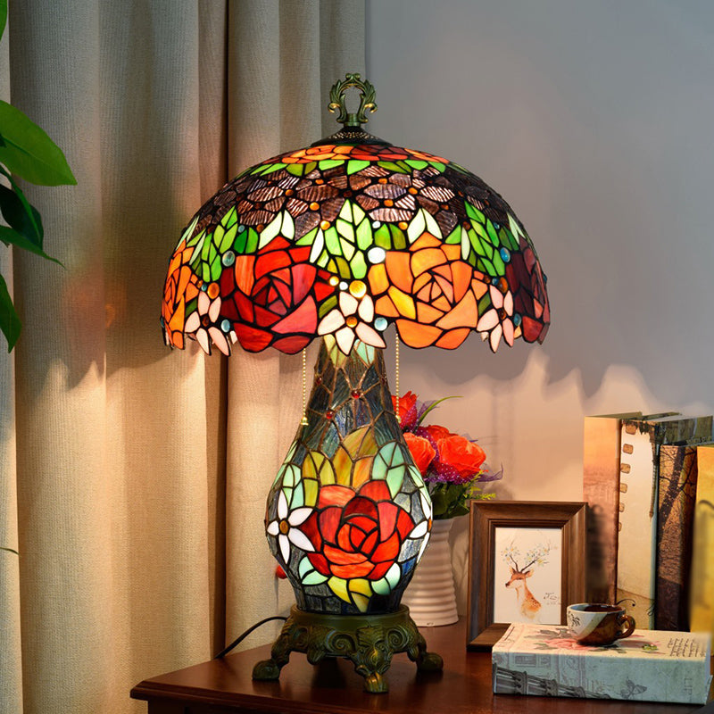 Green 3 Heads Table Lighting Tiffany Stained Art Glass Rose Pattern Nightstand Lamp with Mushroom Shade Clearhalo 'Lamps' 'Table Lamps' Lighting' 2186383