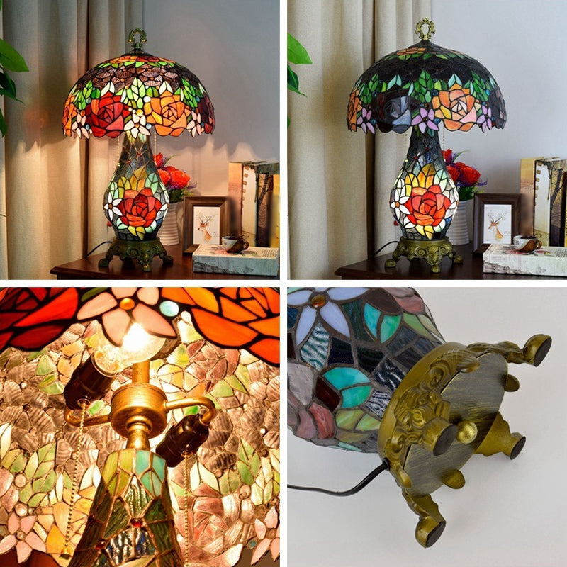 Green 3 Heads Table Lighting Tiffany Stained Art Glass Rose Pattern Nightstand Lamp with Mushroom Shade Clearhalo 'Lamps' 'Table Lamps' Lighting' 2186384