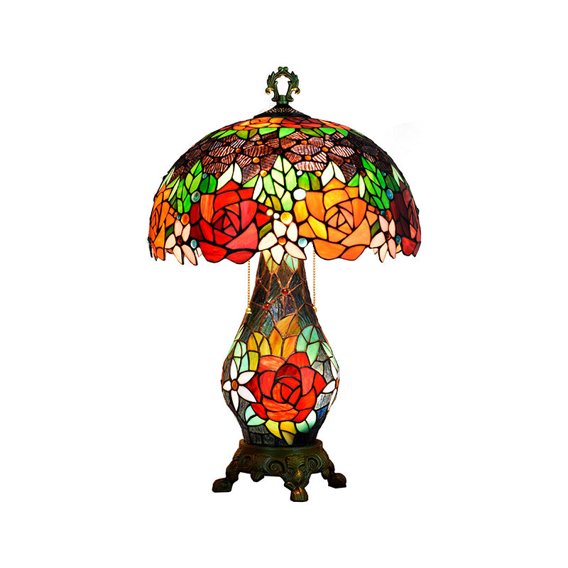 Green 3 Heads Table Lighting Tiffany Stained Art Glass Rose Pattern Nightstand Lamp with Mushroom Shade Clearhalo 'Lamps' 'Table Lamps' Lighting' 2186385