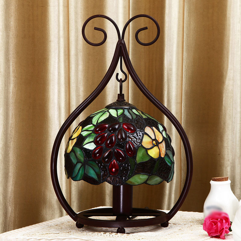 Green Floral and Bird Pattern Nightstand Lamp Classic Single Stained Glass Table Lighting Green Clearhalo 'Lamps' 'Table Lamps' Lighting' 2186387