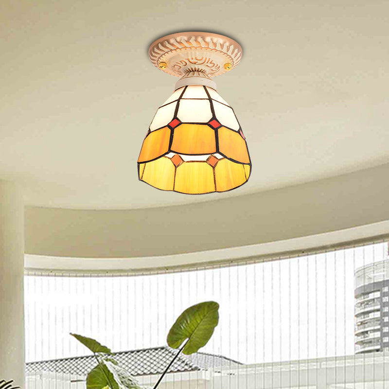 Tiffany Style Bell Shade Semi Flush Single-Bulb Handcrafted Art Glass Flush Ceiling Light Fixture Yellow Clearhalo 'Ceiling Lights' 'Close To Ceiling Lights' 'Close to ceiling' 'Glass shade' 'Glass' 'Semi-flushmount' 'Tiffany close to ceiling' 'Tiffany' Lighting' 2186393