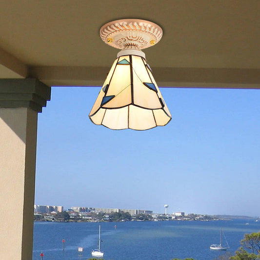 Tiffany Style Bell Shade Semi Flush Single-Bulb Handcrafted Art Glass Flush Ceiling Light Fixture Beige Clearhalo 'Ceiling Lights' 'Close To Ceiling Lights' 'Close to ceiling' 'Glass shade' 'Glass' 'Semi-flushmount' 'Tiffany close to ceiling' 'Tiffany' Lighting' 2186394