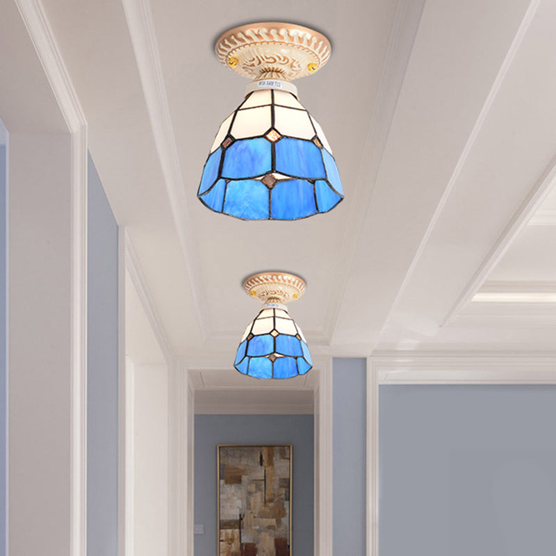 Tiffany Style Bell Shade Semi Flush Single-Bulb Handcrafted Art Glass Flush Ceiling Light Fixture Blue Clearhalo 'Ceiling Lights' 'Close To Ceiling Lights' 'Close to ceiling' 'Glass shade' 'Glass' 'Semi-flushmount' 'Tiffany close to ceiling' 'Tiffany' Lighting' 2186395