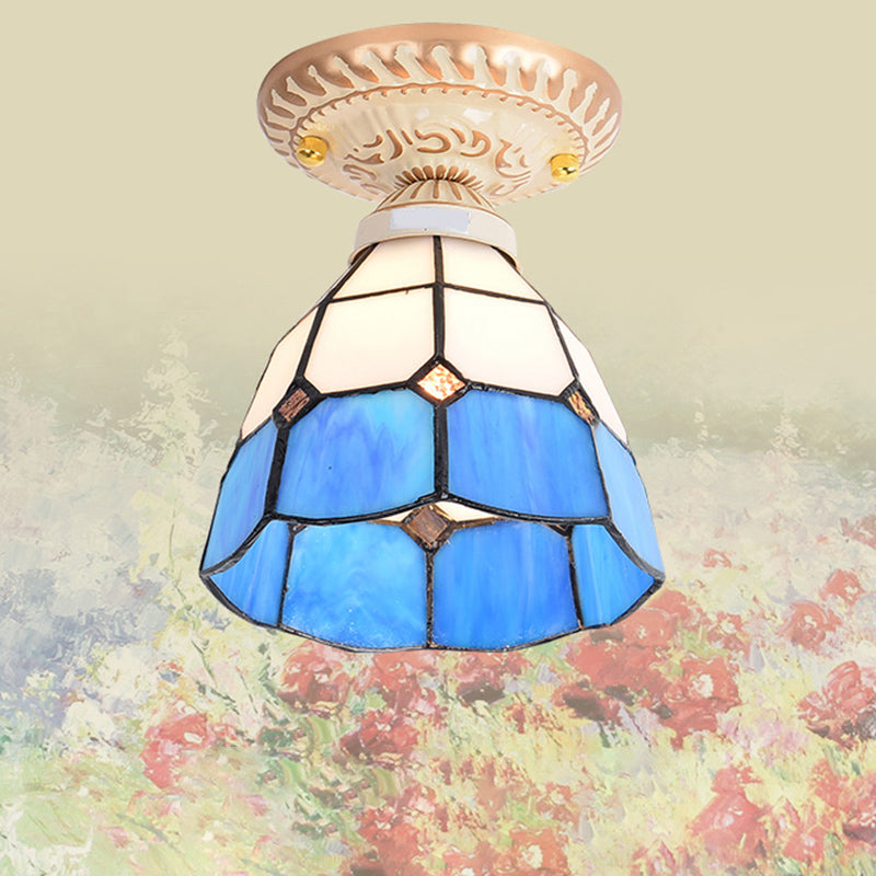 Tiffany Style Bell Shade Semi Flush Single-Bulb Handcrafted Art Glass Flush Ceiling Light Fixture Clearhalo 'Ceiling Lights' 'Close To Ceiling Lights' 'Close to ceiling' 'Glass shade' 'Glass' 'Semi-flushmount' 'Tiffany close to ceiling' 'Tiffany' Lighting' 2186396