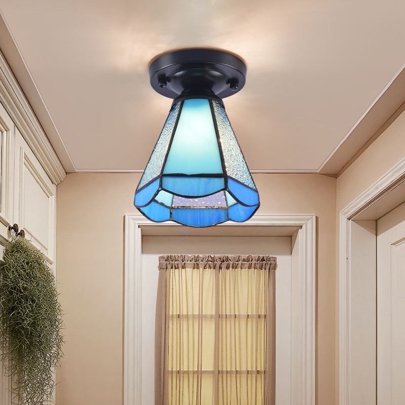 Shaded Semi Flush Mount 1-Light Handcrafted Glass Tiffany Style Ceiling Mounted Light Blue Clearhalo 'Ceiling Lights' 'Close To Ceiling Lights' 'Close to ceiling' 'Glass shade' 'Glass' 'Pendant Lights' 'Semi-flushmount' 'Tiffany close to ceiling' 'Tiffany' Lighting' 2186397