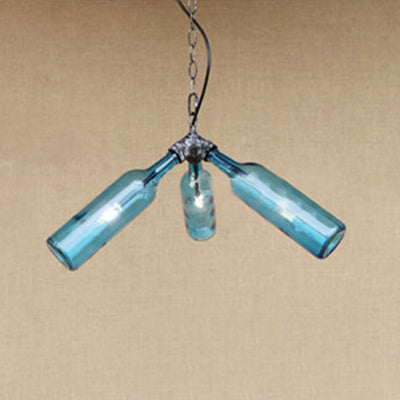 3 Heads Bottle Hanging Lamp with Pipe Design Rustic Industrial Smoke Gray/Clear Glass Chandelier Lighting for Bar Blue Clearhalo 'Ceiling Lights' 'Chandeliers' 'Clear' 'Glass shade' 'Glass' 'Industrial Chandeliers' 'Industrial' 'Middle Century Chandeliers' 'Modern' 'Tiffany' 'Traditional Chandeliers' Lighting' 21863