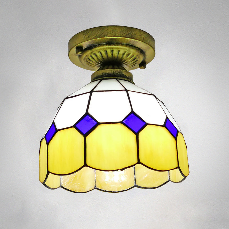 1��Head Flush Mount Light Classic Bell Shade Gridded Glass Semi Flush Ceiling Light Clearhalo 'Ceiling Lights' 'Close To Ceiling Lights' 'Close to ceiling' 'Glass shade' 'Glass' 'Semi-flushmount' 'Tiffany close to ceiling' 'Tiffany' Lighting' 2186403